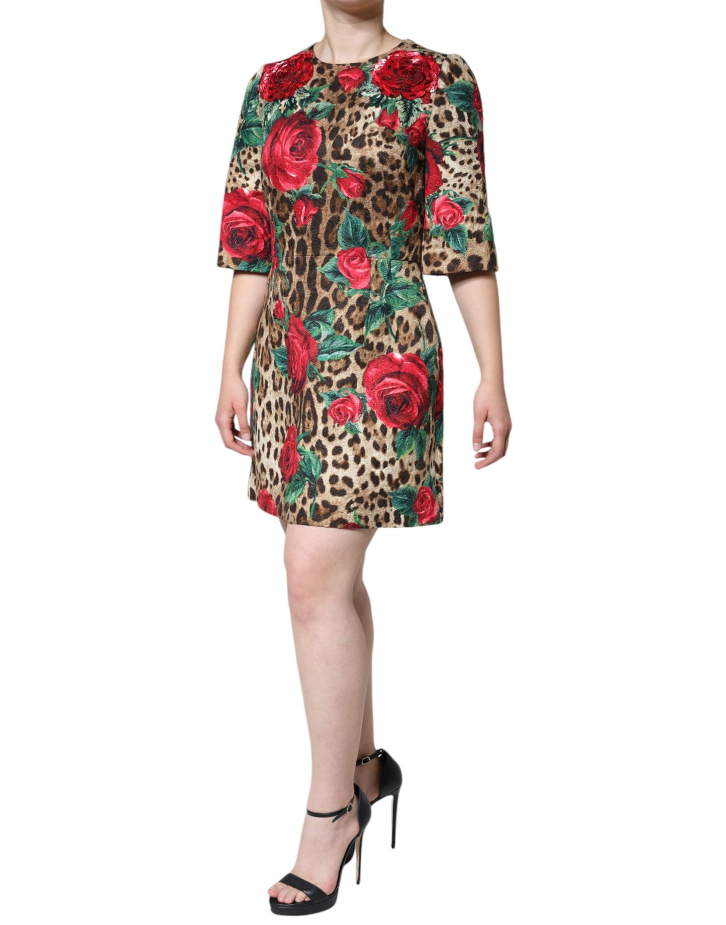 Dolce & Gabbana Brun Leopardröda Rosor Bomulls A-linjeklänning