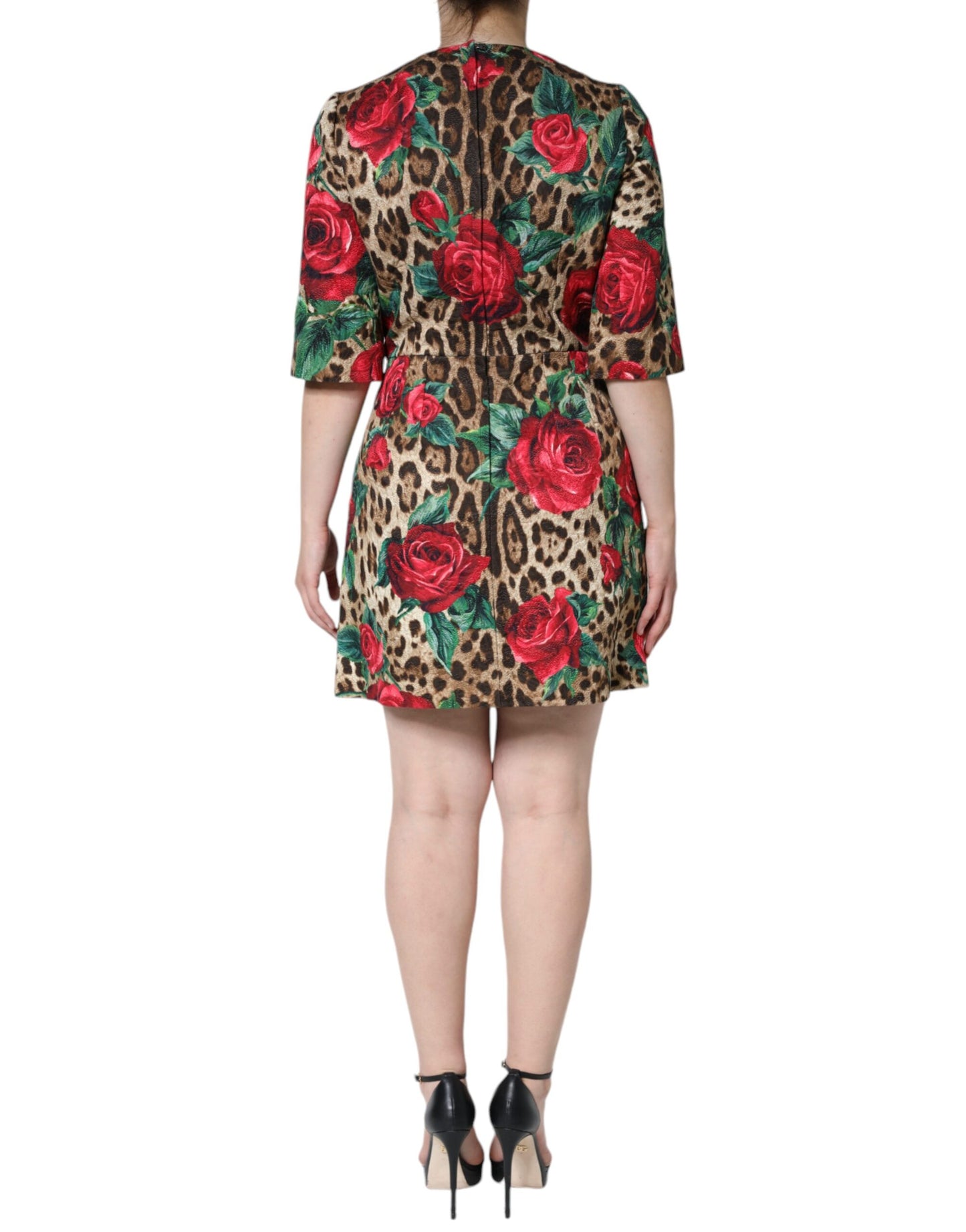 Dolce & Gabbana Brun Leopardröda Rosor Bomulls A-linjeklänning
