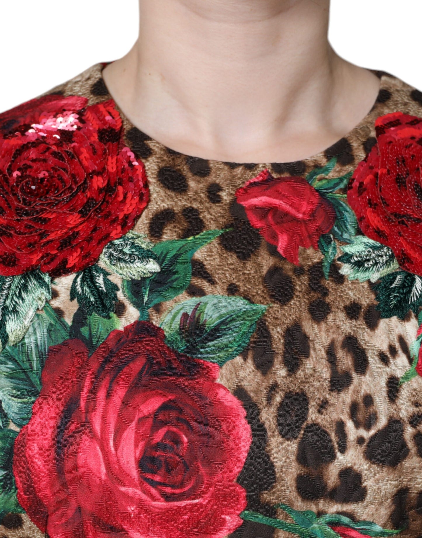 Dolce & Gabbana Brun Leopardröda Rosor Bomulls A-linjeklänning