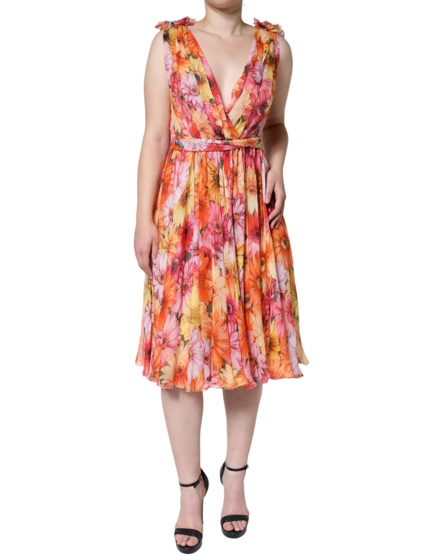 Dolce & Gabbana Flerfärgad Blommig Ärmlös V-ringad Midiklänning