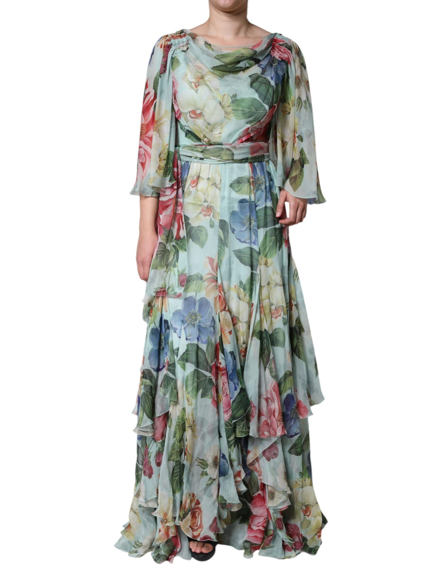 Dolce & Gabbana flerfarget blomstermønster silke lang kjole