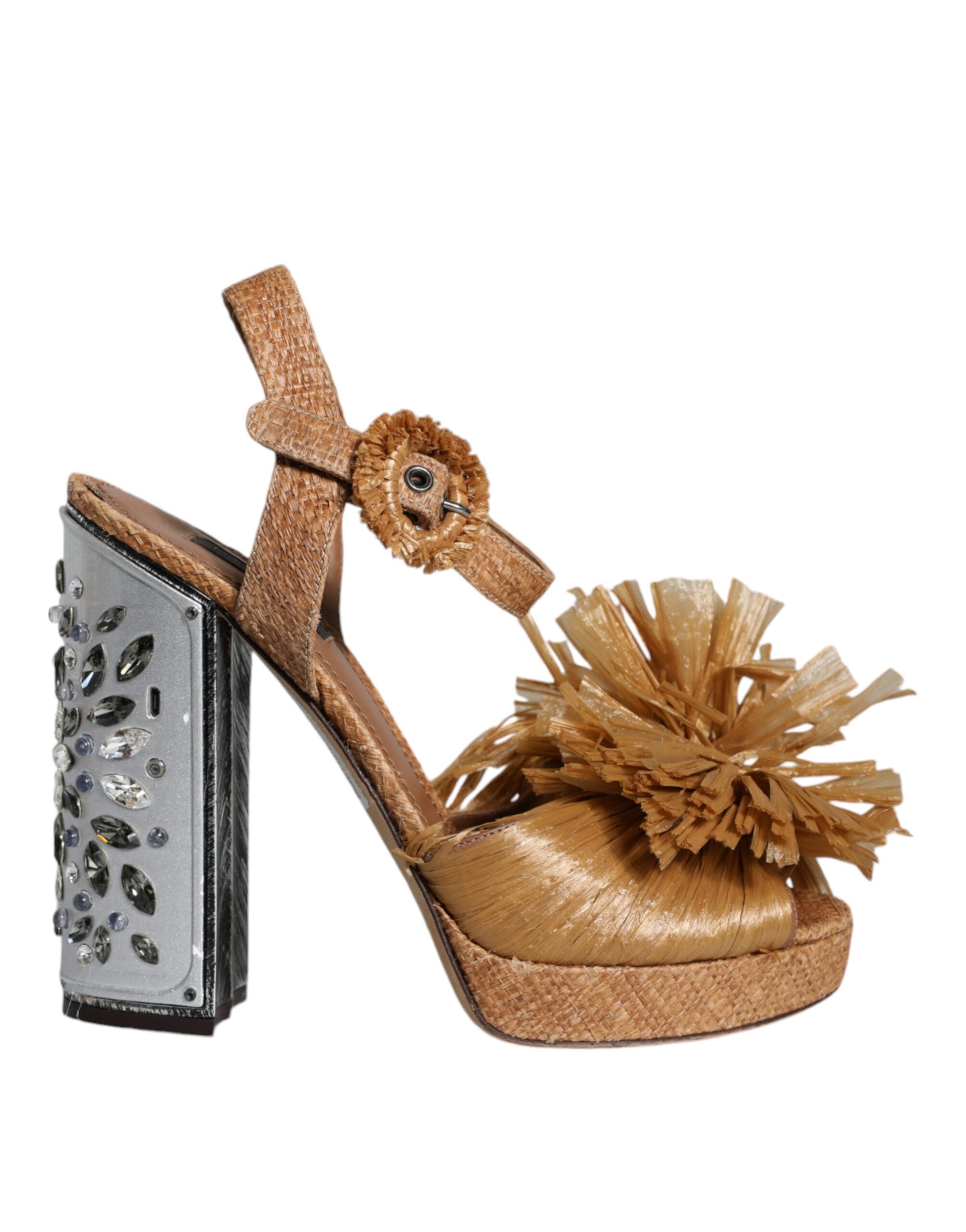 Brune Raffia Ankelrem Krystall Sandaler Sko