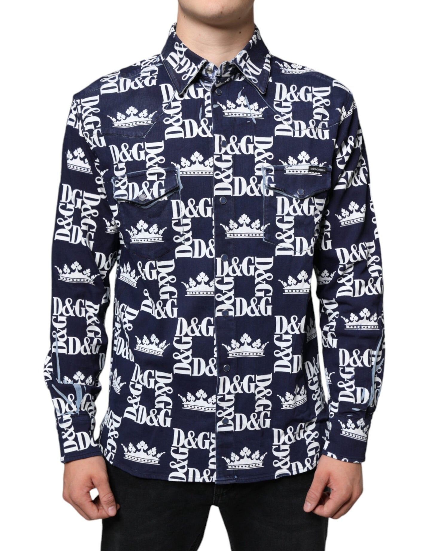 Dolce & Gabbana Blå Kronlogotyptryck Slim Fit Bomullsskjorta