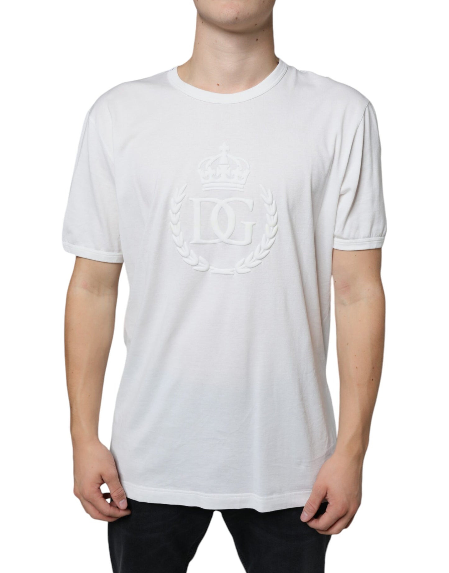Dolce & Gabbana Vit t-shirt med präglad bomullsringning och logotyp