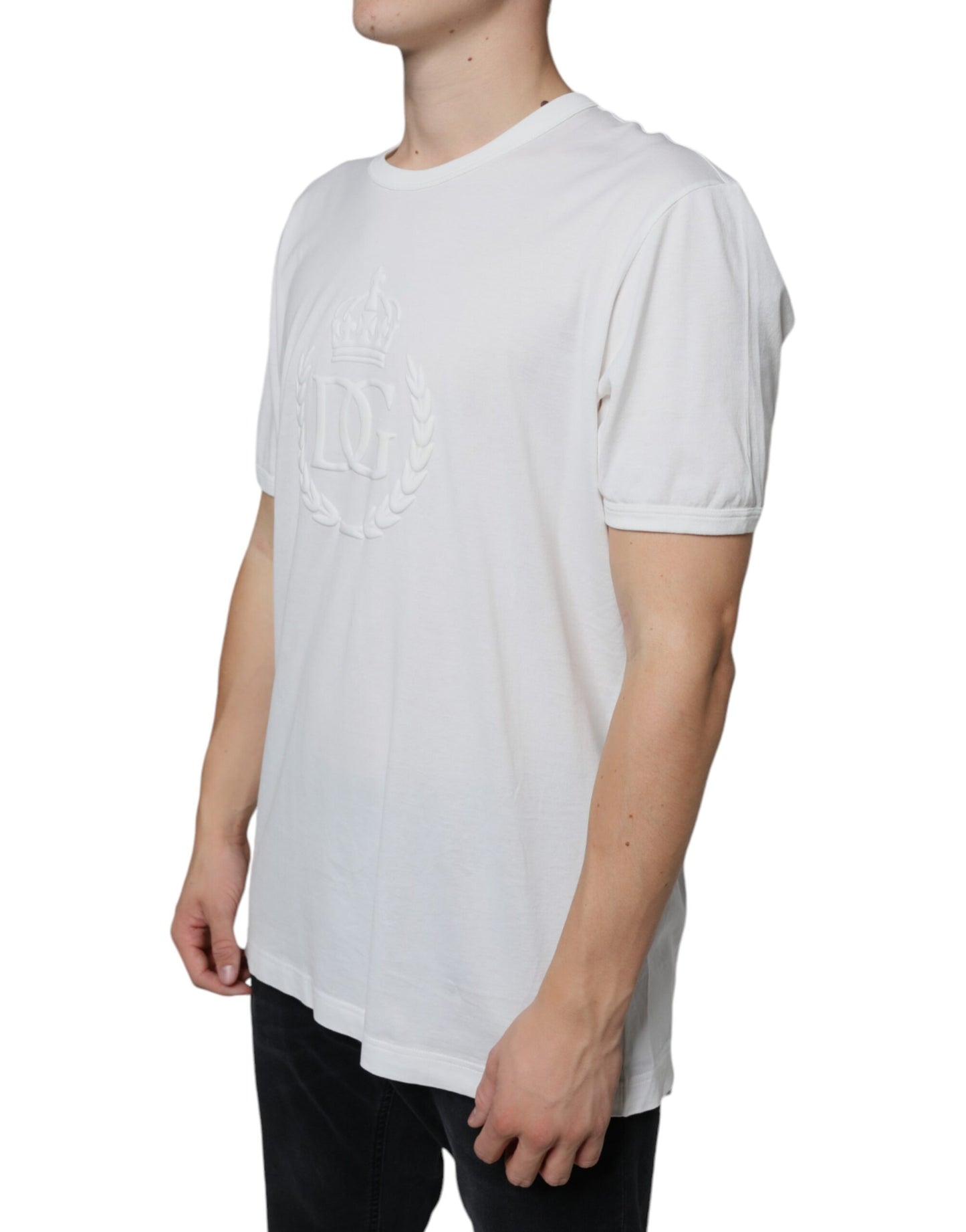 Dolce & Gabbana Vit t-shirt med präglad bomullsringning och logotyp