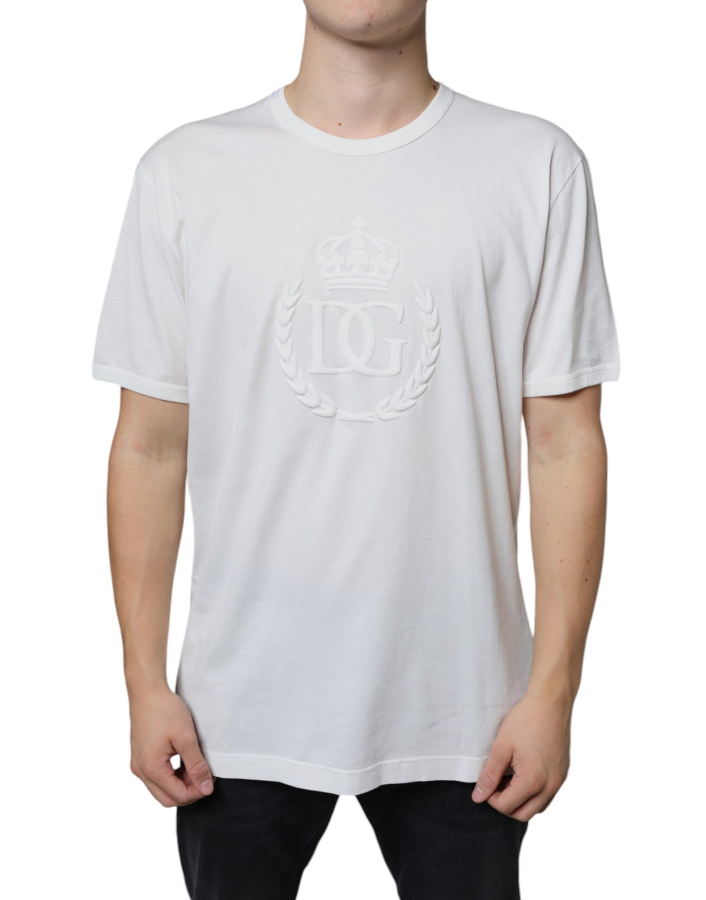 Dolce & Gabbana Vit t-shirt med präglad bomullsringning och logotyp