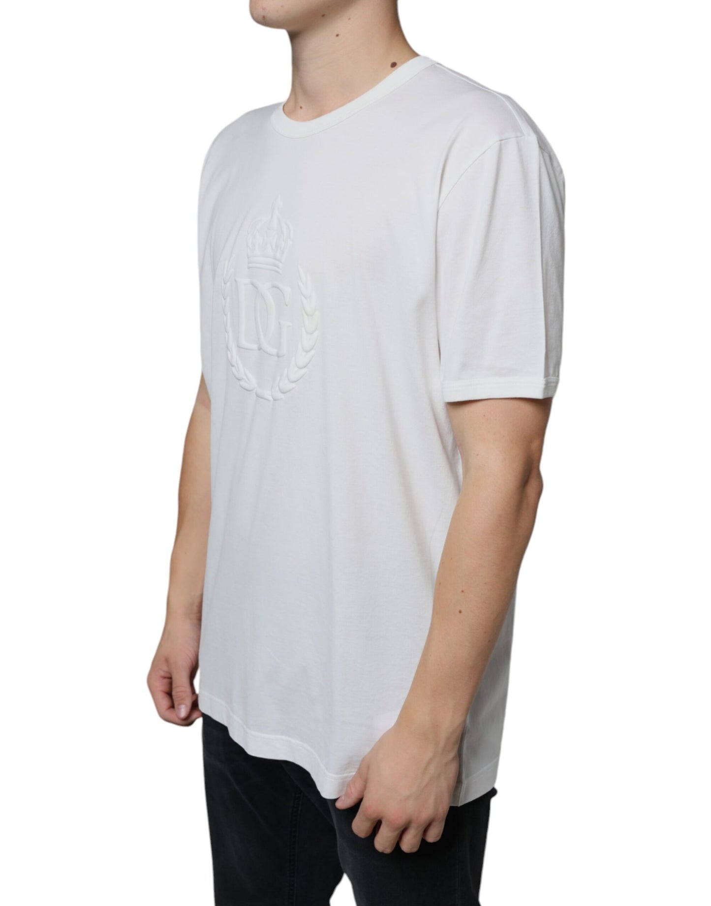 Dolce & Gabbana Vit t-shirt med präglad bomullsringning och logotyp