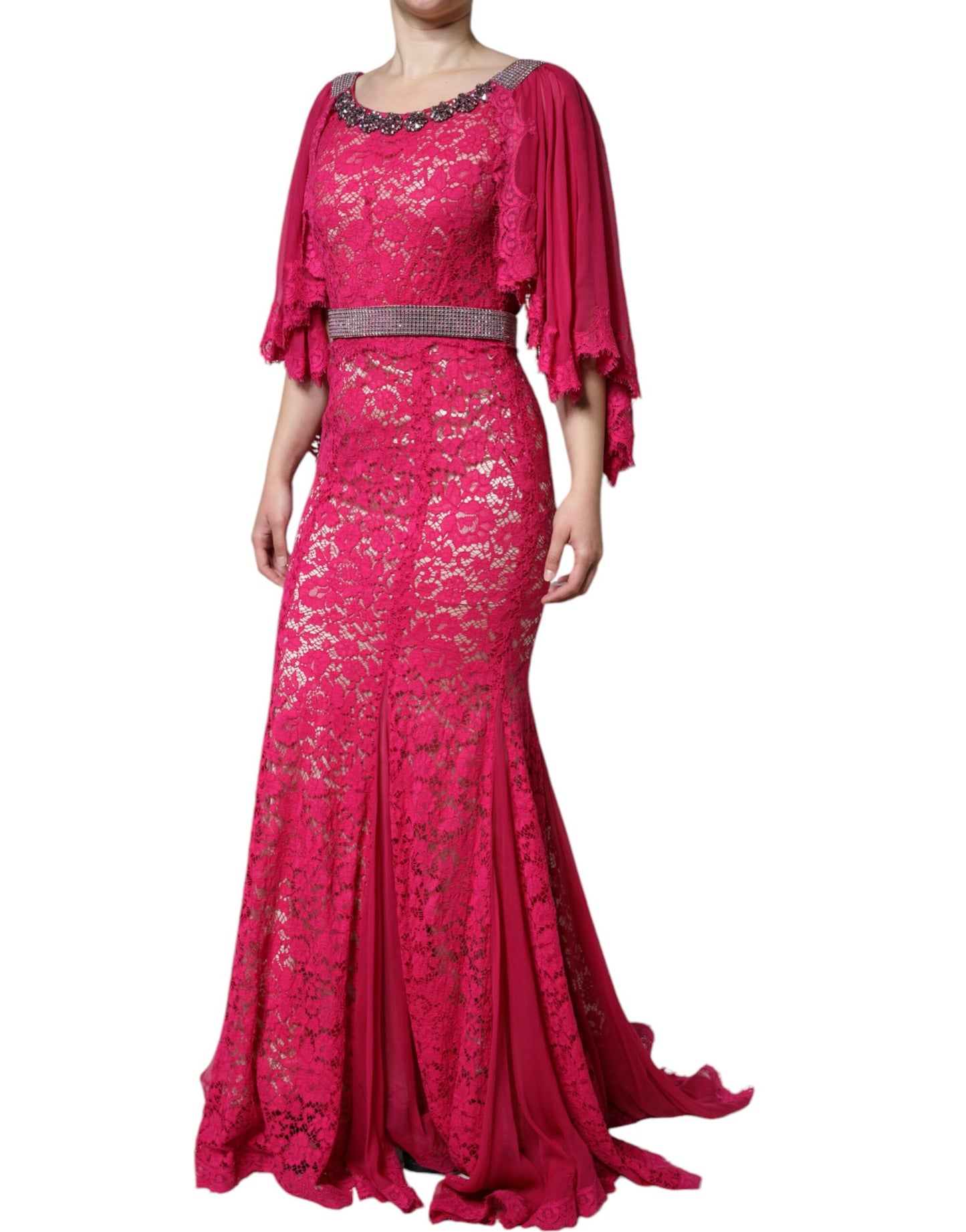Dolce & Gabbana Rosa Spets Kristall Slidlång Klänning