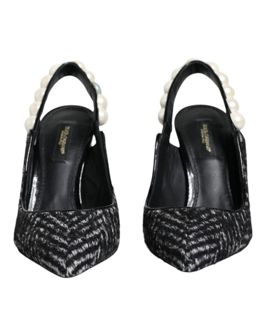 Dolce & Gabbana Vita Svarta Chevron Konstpärl Slingback Skor