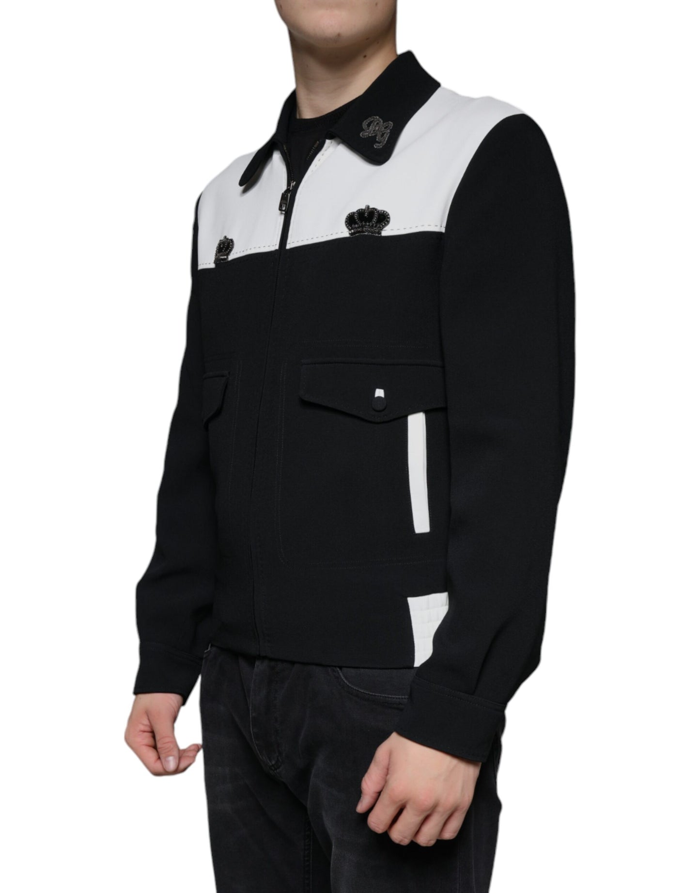Dolce & Gabbana Svartvit DG Crown Heldragkedja Blousonjacka