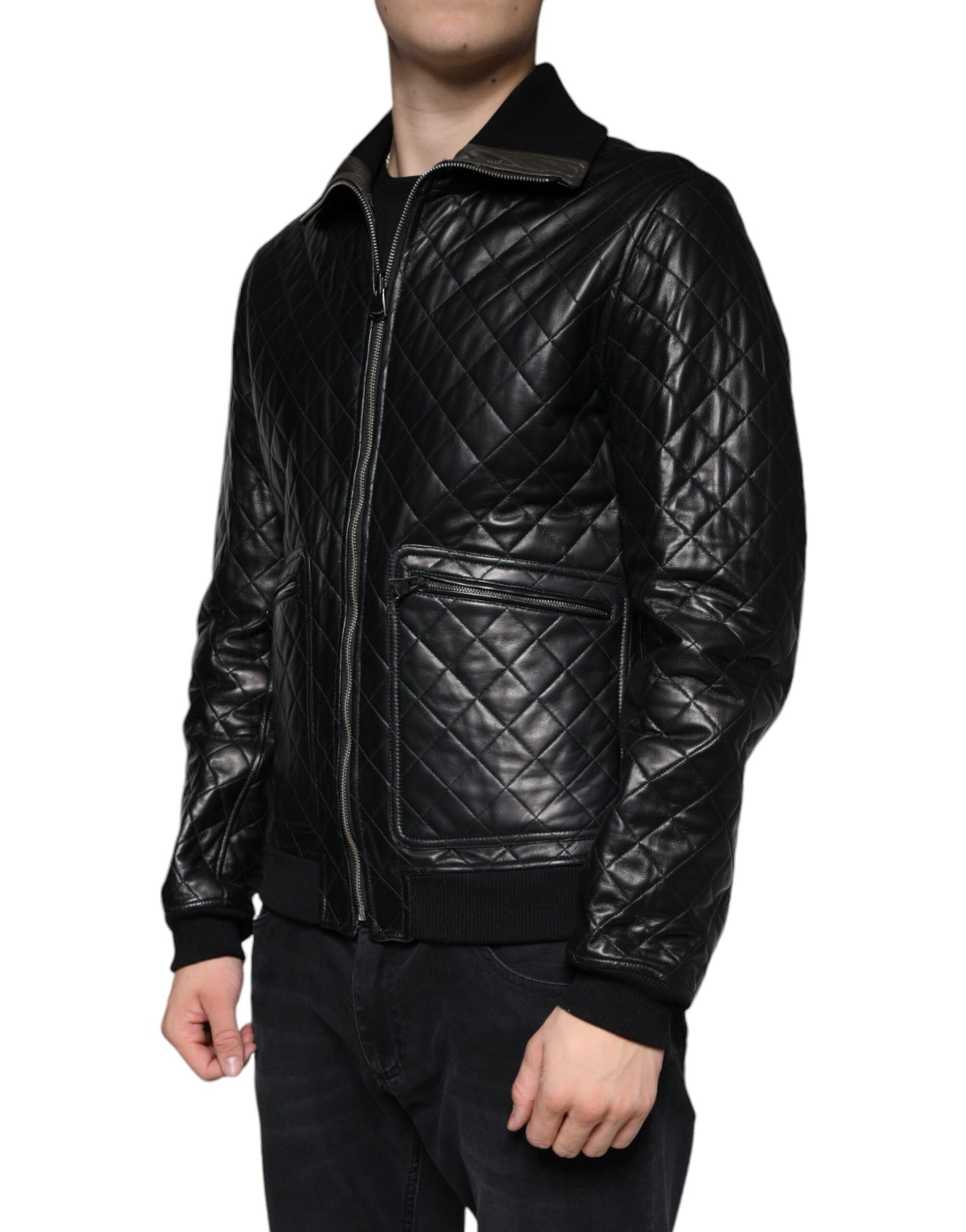 Dolce & Gabbana Svart quiltad kalvskinnsjacka med dragkedja