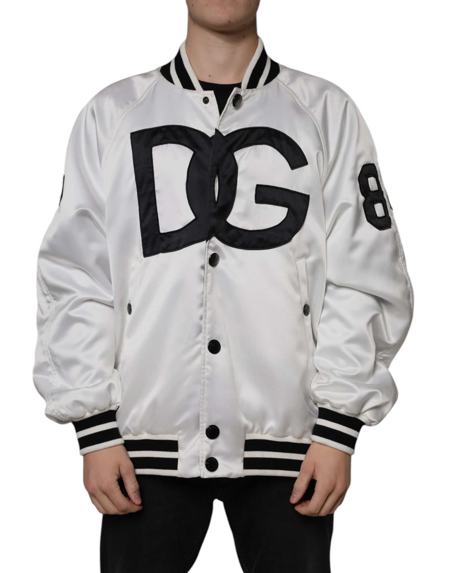 Dolce & Gabbana vit bomberjacka med polyesterlogotyp och dragkedja