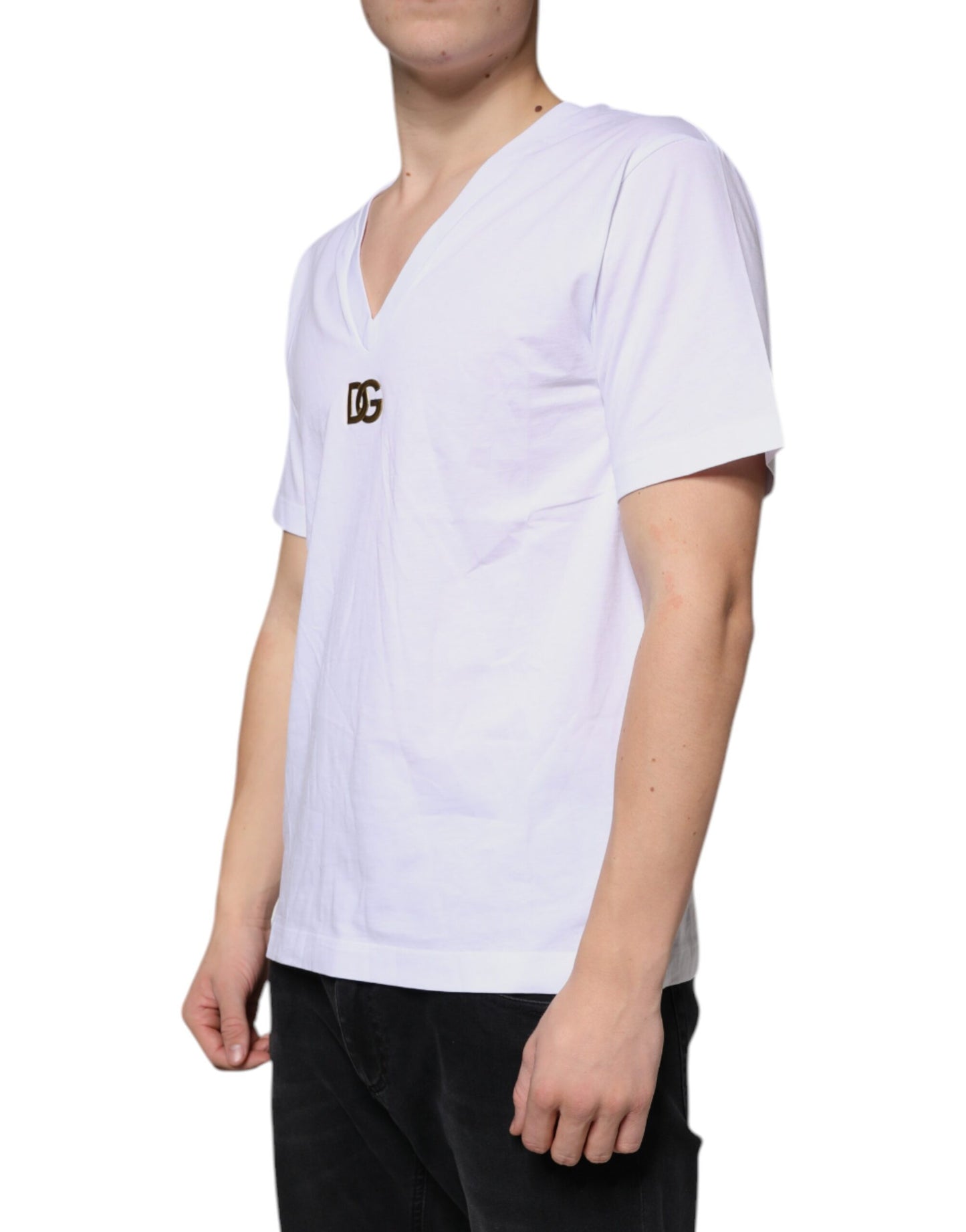 Dolce & Gabbana Vit Logotyp Bomull V-ringad Kortärmad T-shirt
