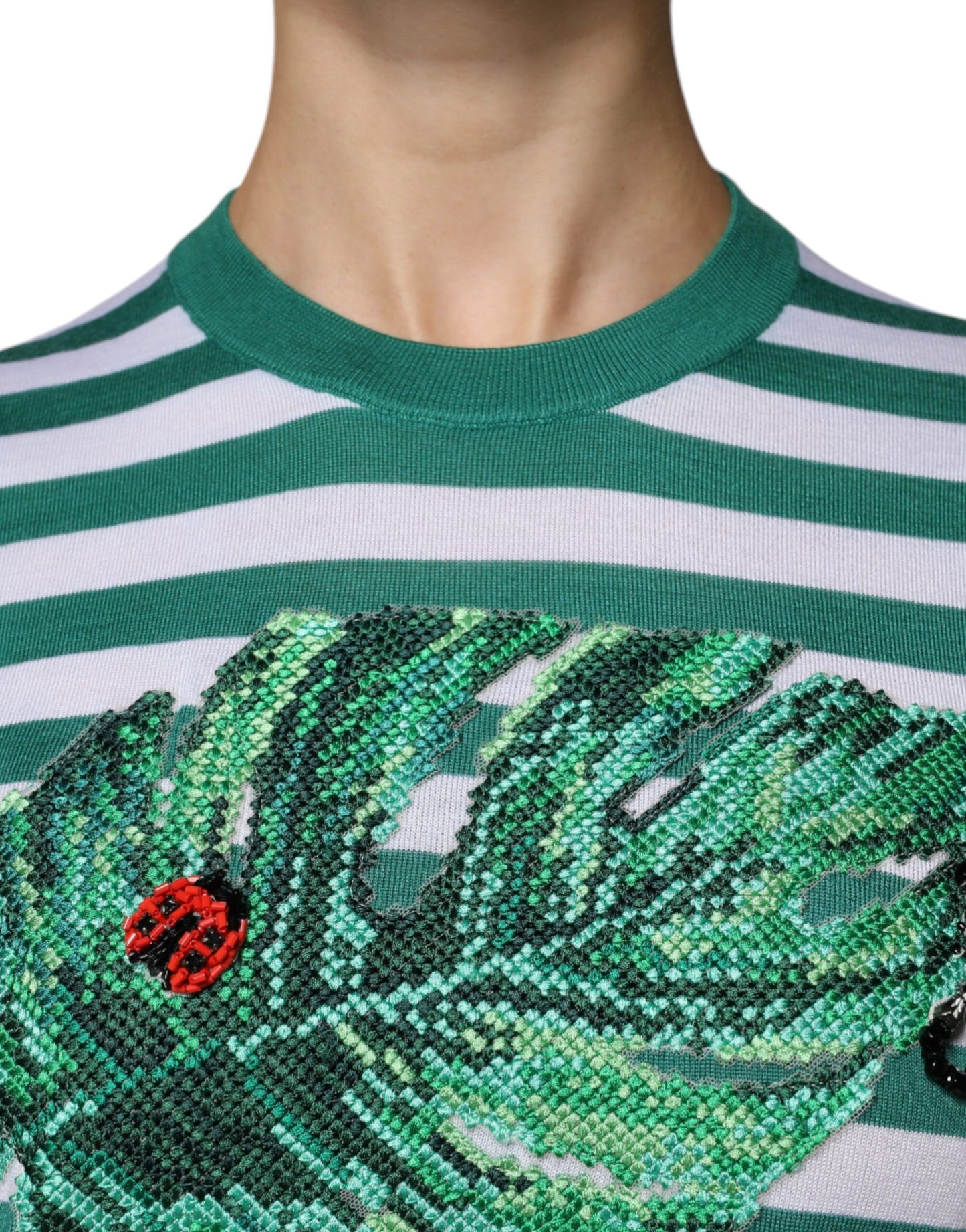 Dolce & Gabbana Vit Grön Randig Löv Rund Hals T-shirt