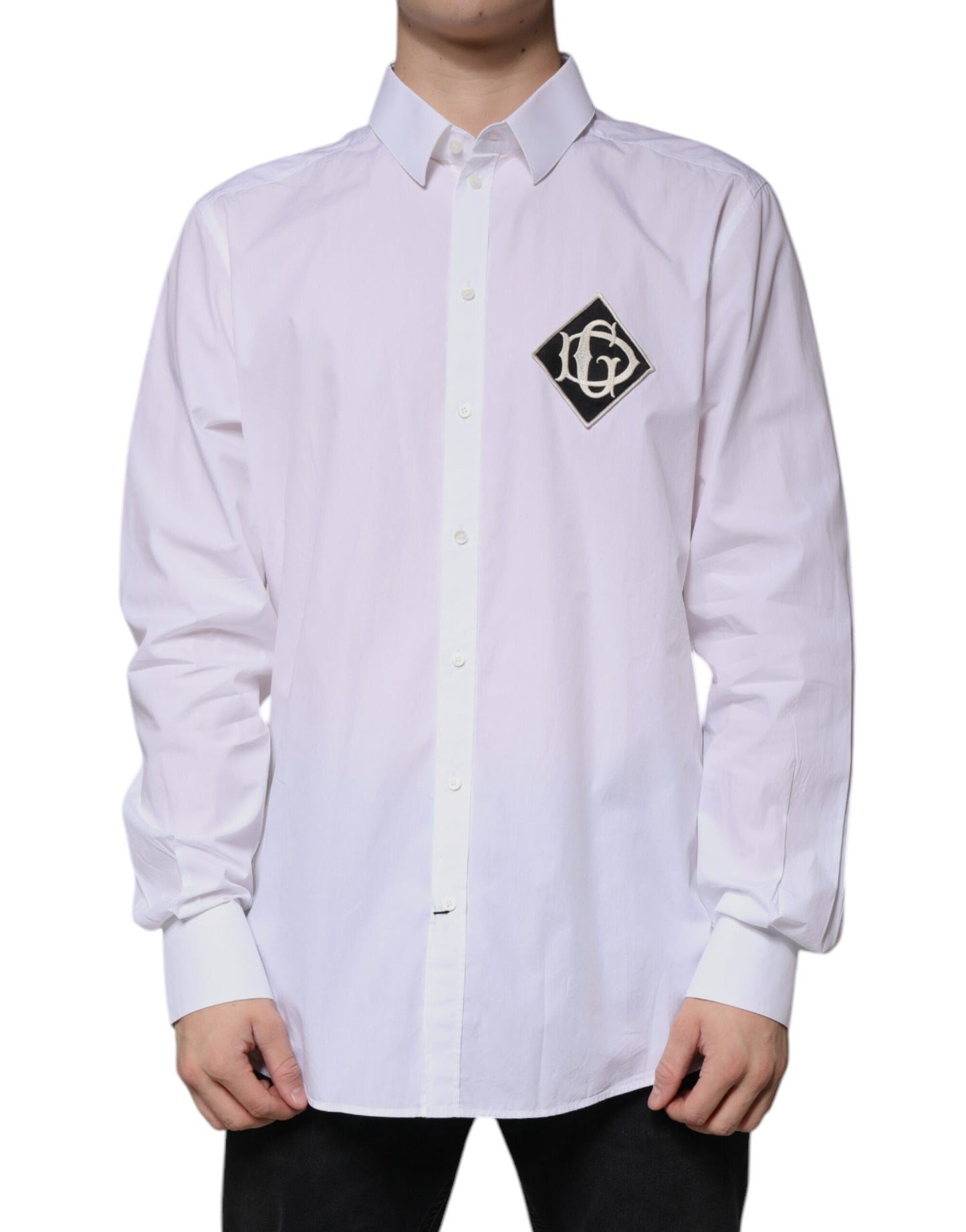 Dolce & Gabbana Hvit Logo Bomull Slim Fit Gull Dreseskjorte