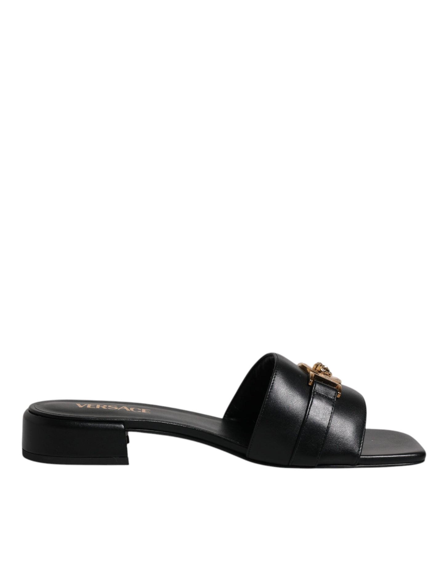 Versace svarte skinnslip-on slip-on-sko med logoplakett