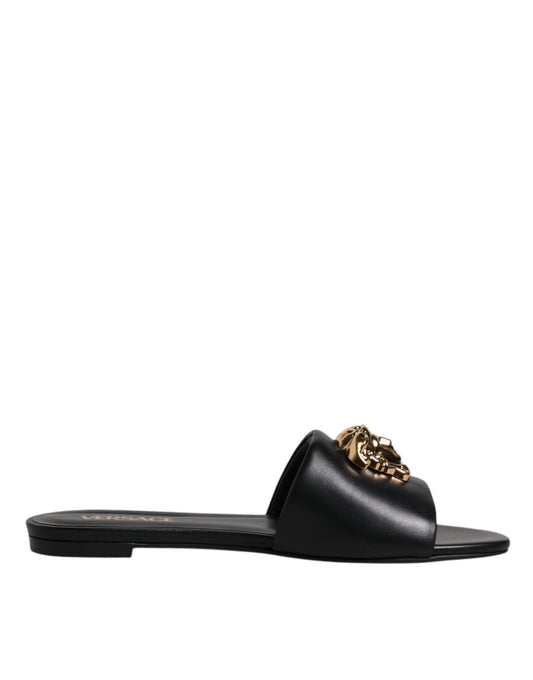 Versace svarte skinnslip-on slip-on-sko med logoplakett