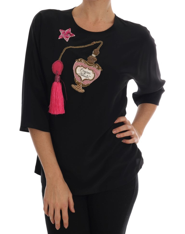 Dolce & Gabbana Svart Sidenblus med Sagomotiv – Kristall