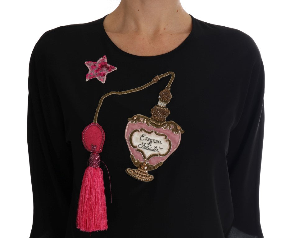 Dolce & Gabbana Svart Sidenblus med Sagomotiv – Kristall