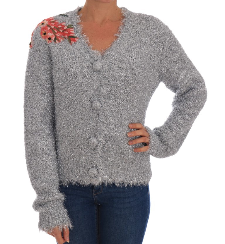 Sølvfarget cardigan med blomsterapplikasjon