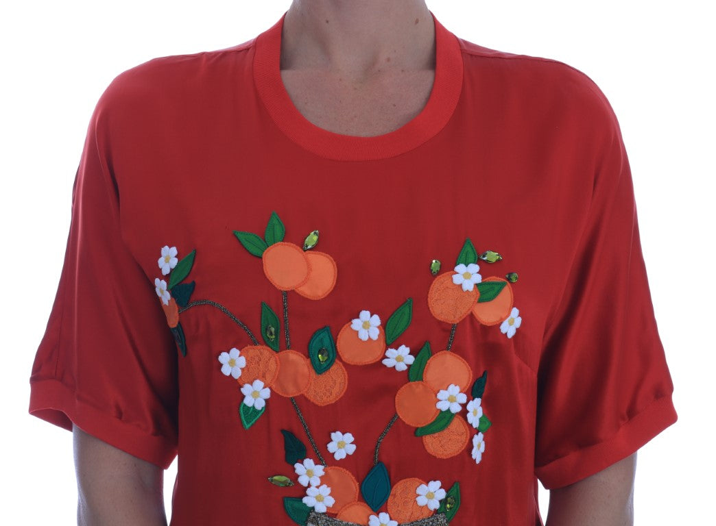 Dolce & Gabbana Röd Sidenapelsiner Blommig Kristallblus