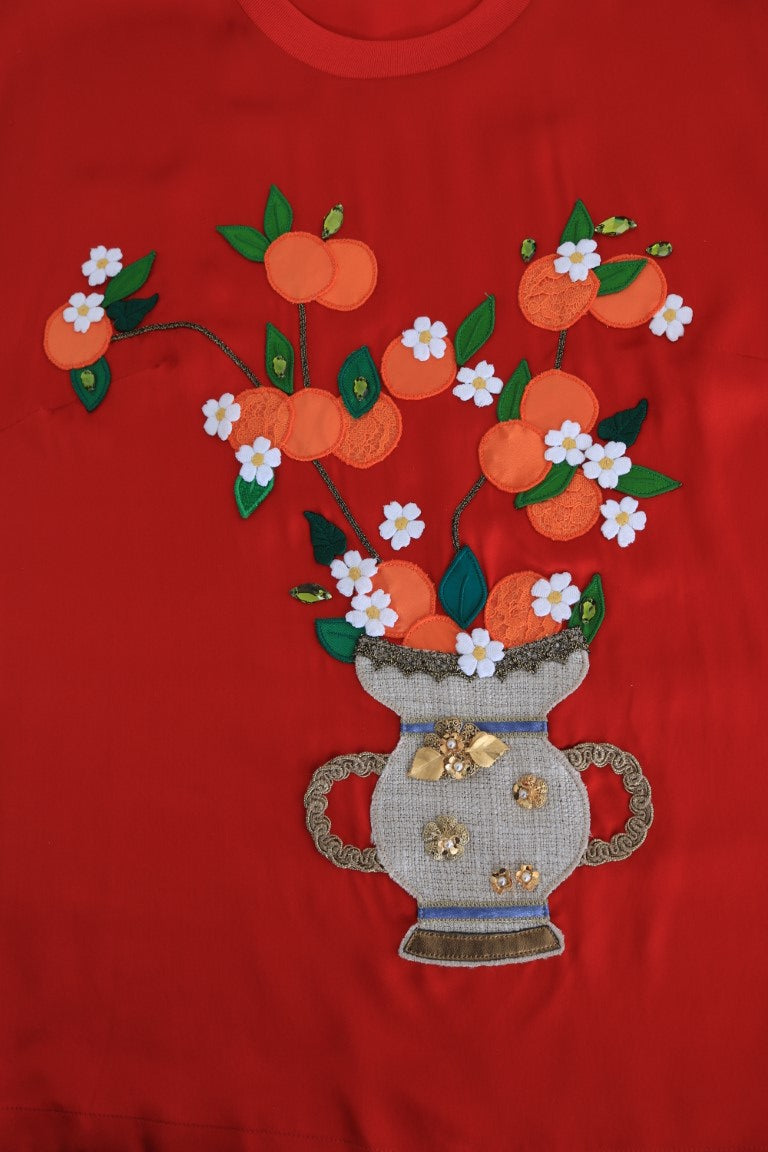 Dolce & Gabbana Röd Sidenapelsiner Blommig Kristallblus