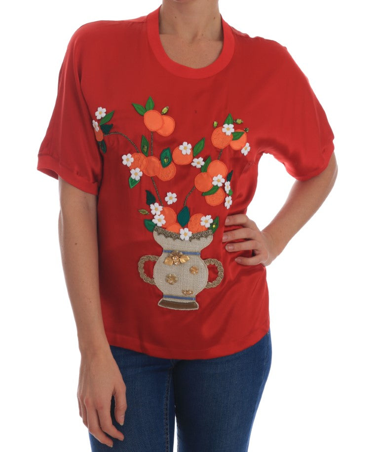 Dolce & Gabbana Röd Sidenapelsiner Blommig Kristallblus