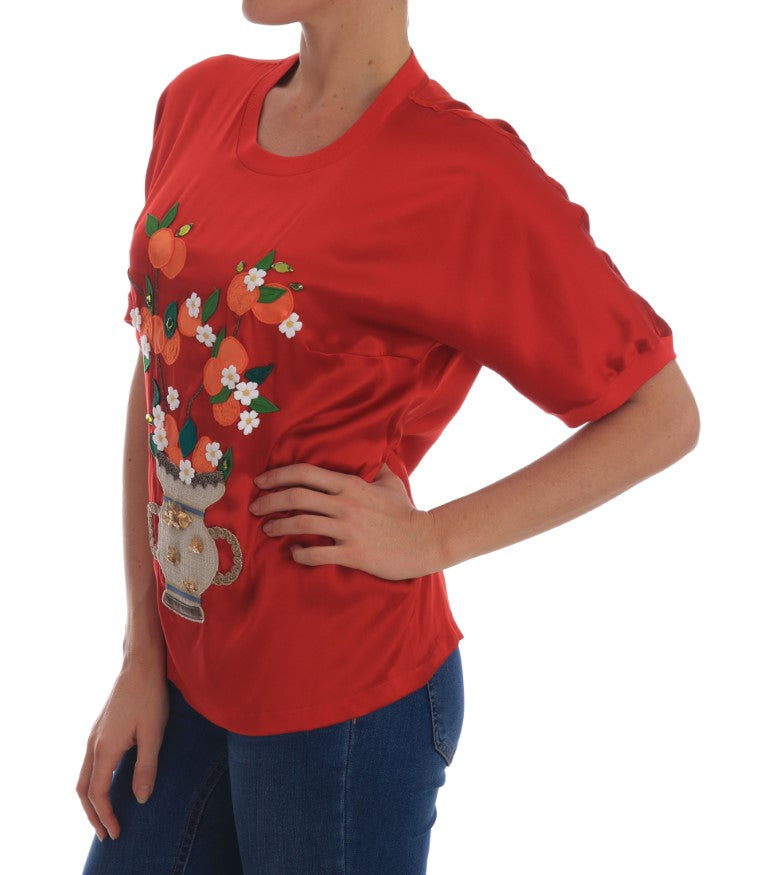 Dolce & Gabbana Röd Sidenapelsiner Blommig Kristallblus