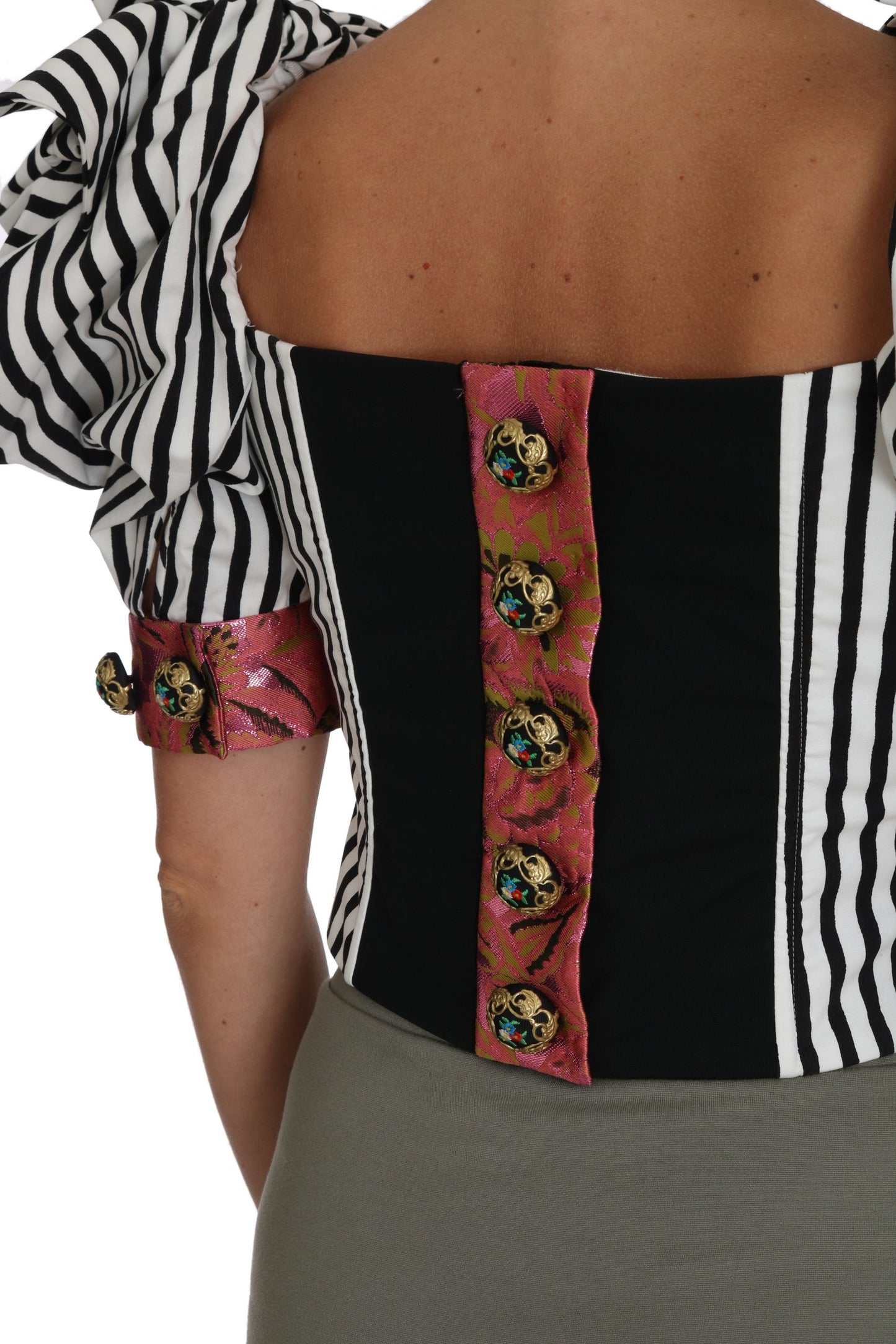 Dolce & Gabbana Vita Svarta Randiga Beskurna Toppar Puffärmade Skjortor