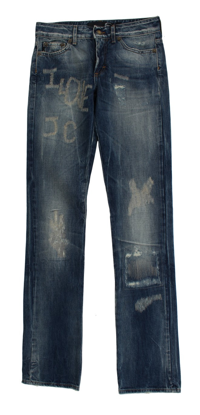 Cavalli Blå Tvättade Slitna Bomull Jeans Rak Passform