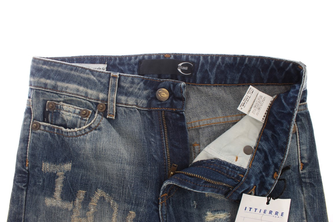 Cavalli Blå Tvättade Slitna Bomull Jeans Rak Passform