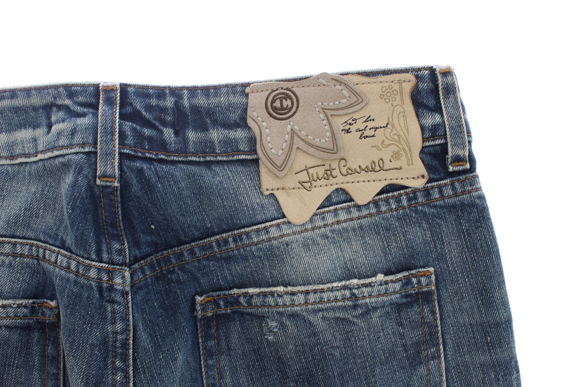Cavalli Blå Tvättade Slitna Bomull Jeans Rak Passform