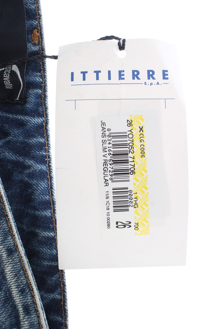 Cavalli Blå Tvättade Slitna Bomull Jeans Rak Passform