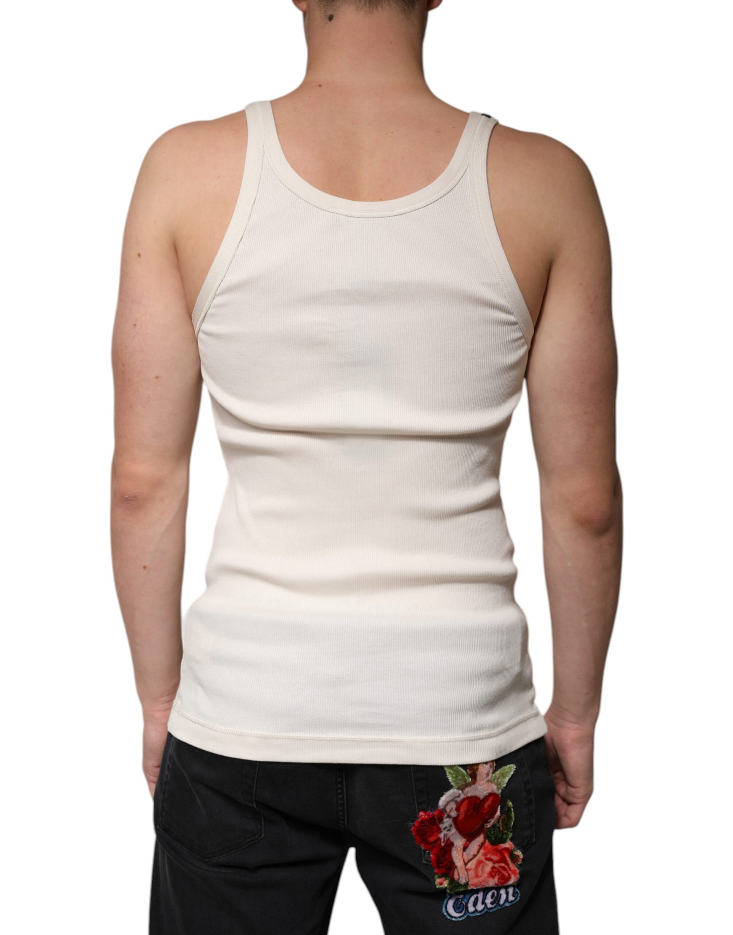 Dolce & Gabbana Off White bomull ermeløs rund hals tank-t-skjorte