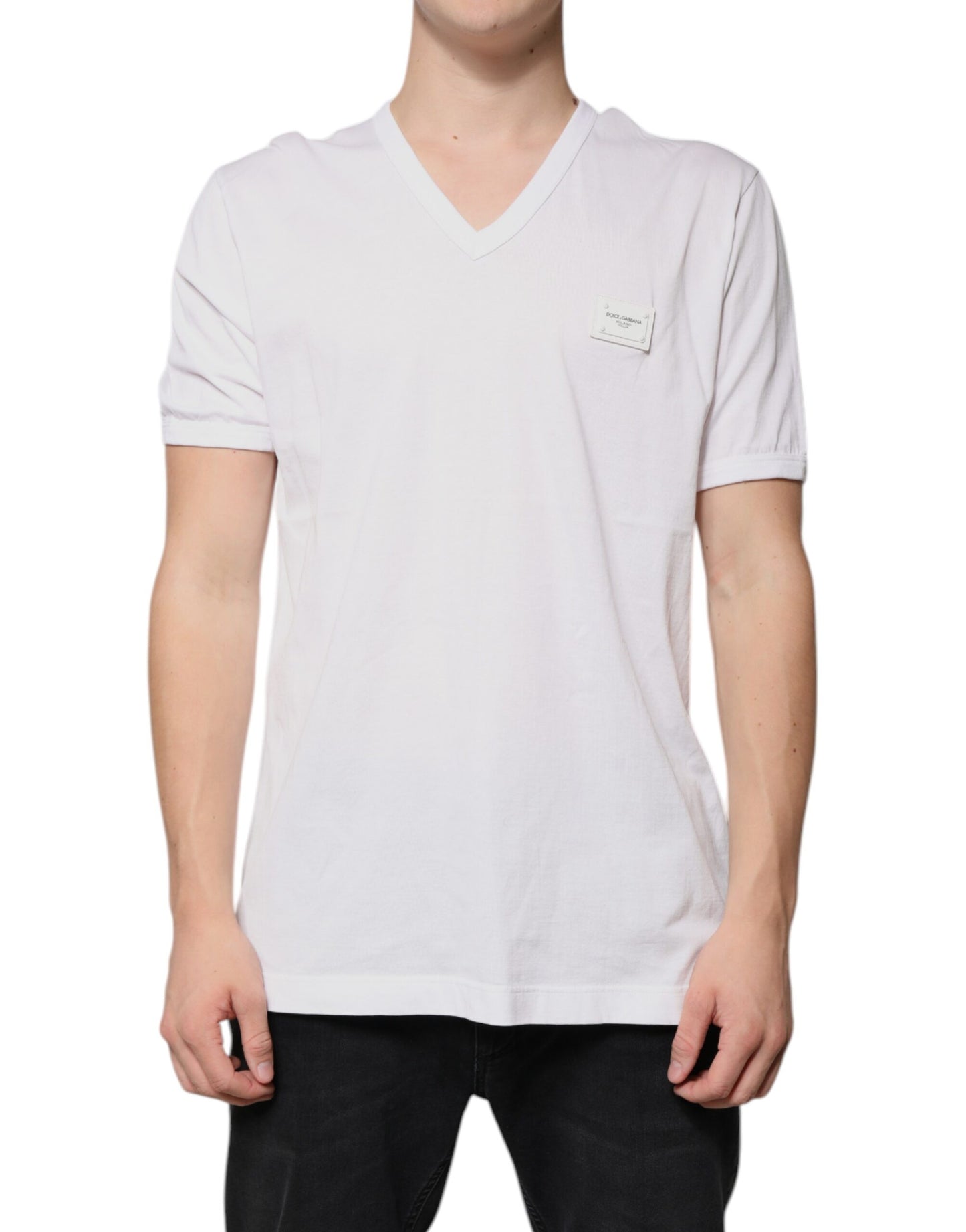 Dolce & Gabbana Hvit Logo V-hals Kortermet T-skjorte
