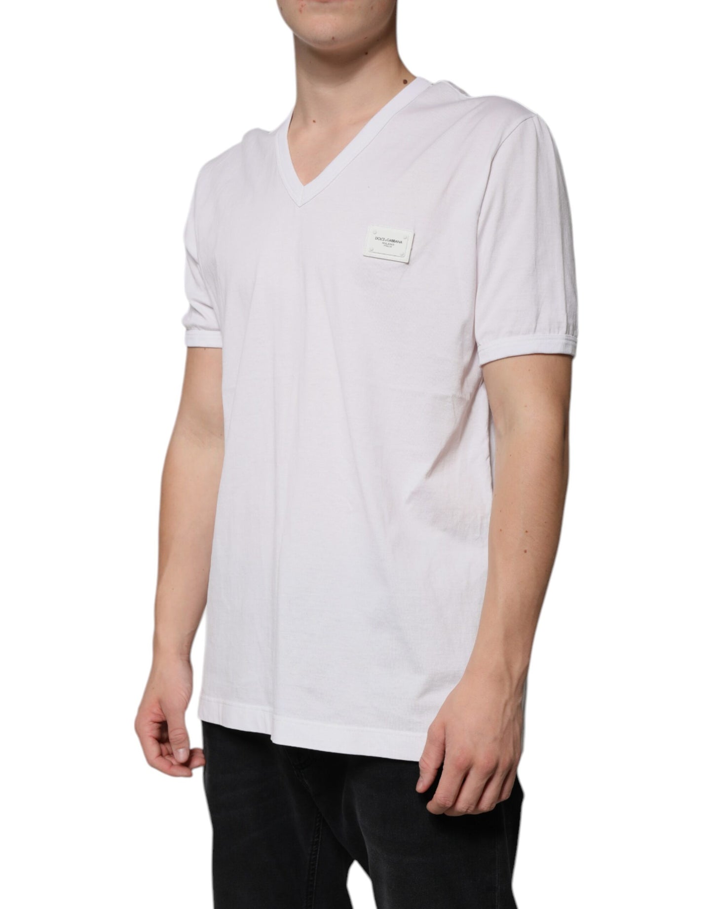 Dolce & Gabbana Hvit Logo V-hals Kortermet T-skjorte