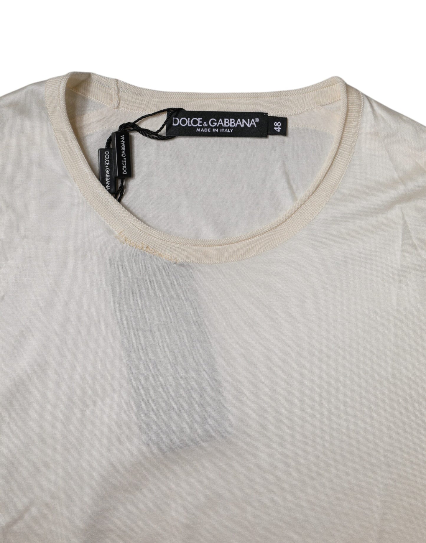 Dolce & Gabbana Off White Silke Rund Hals Kortermet T-skjorte