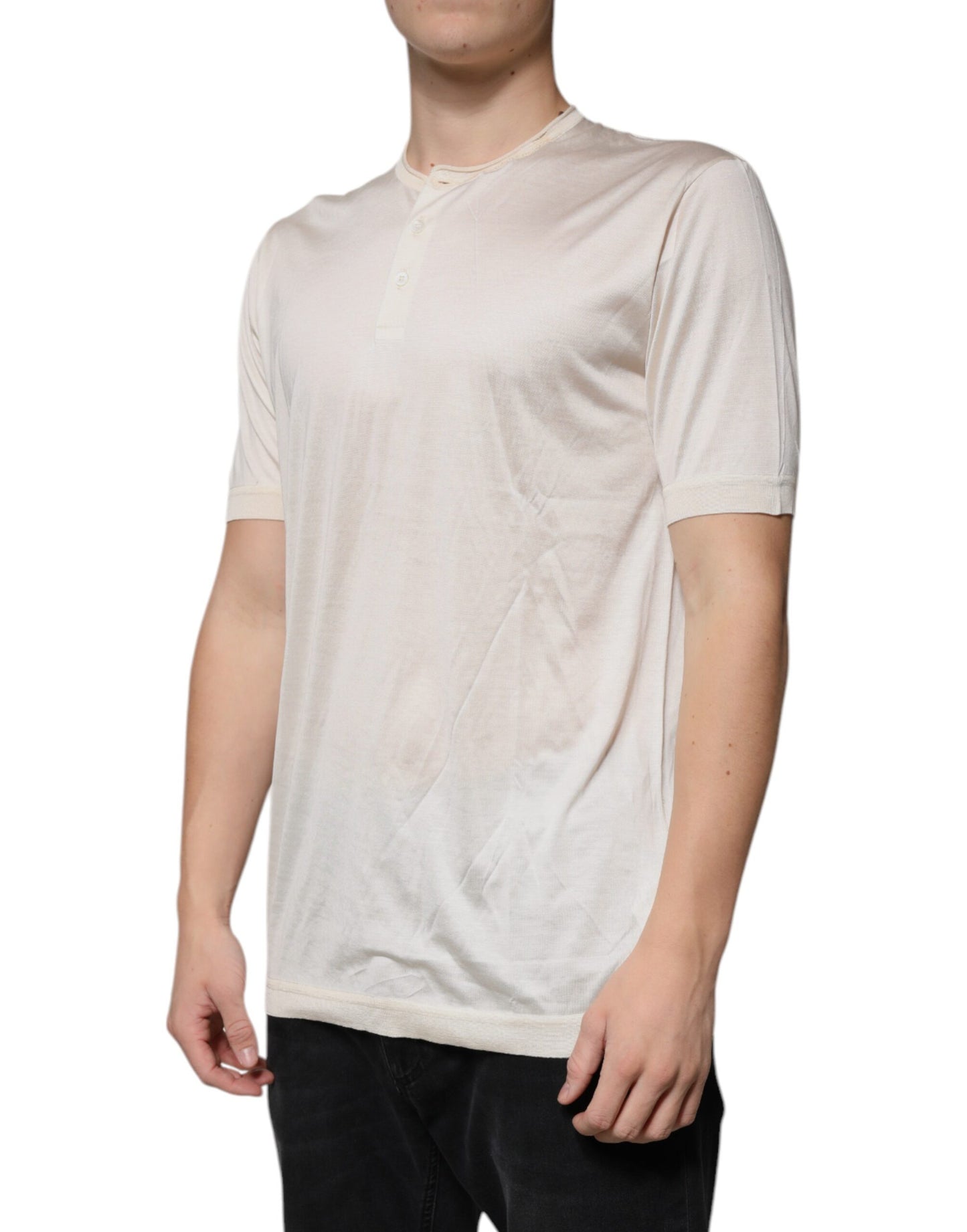 Dolce & Gabbana Off White Silke Henley T-skjorte med rund hals