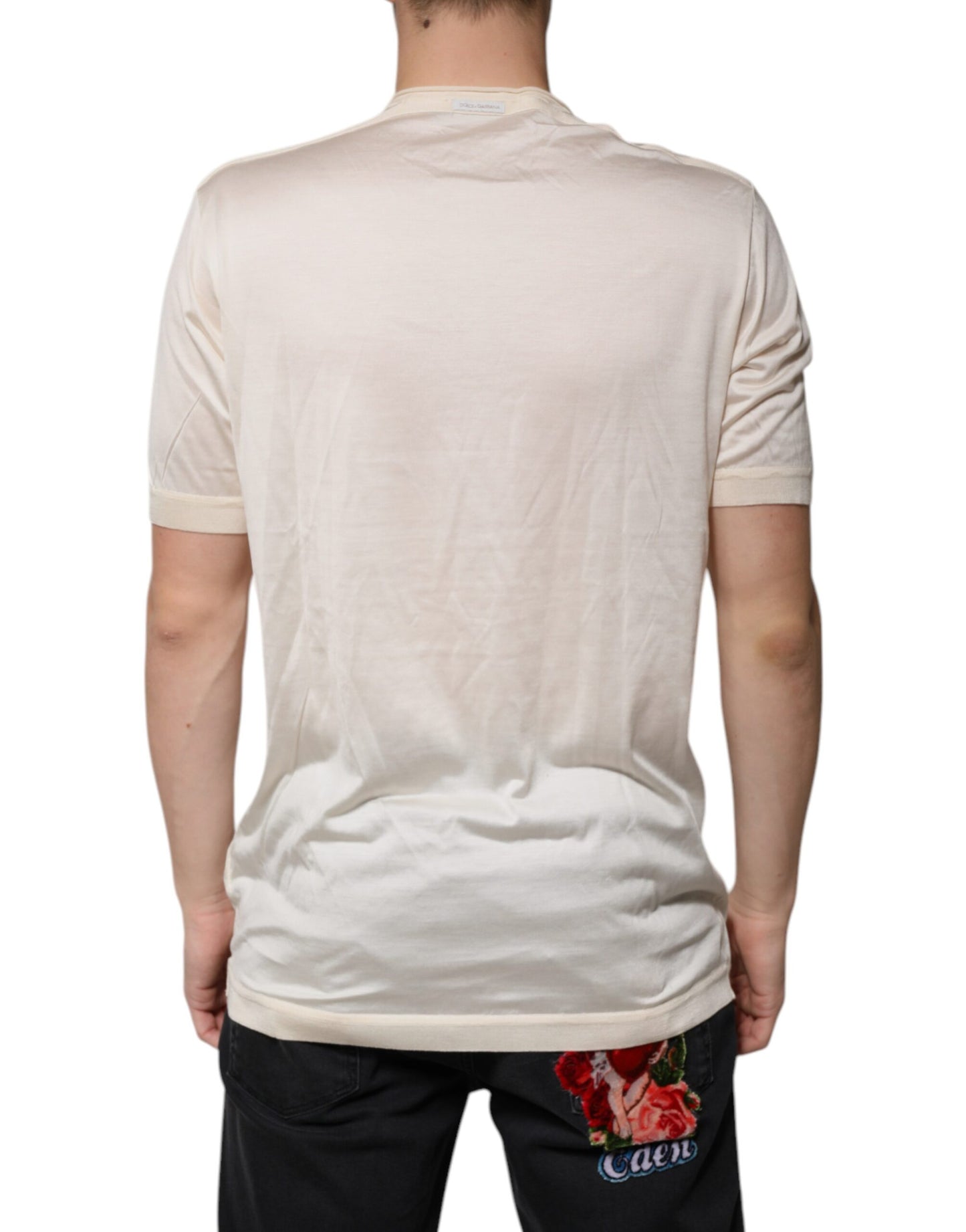 Dolce & Gabbana Off White Silke Henley T-skjorte med rund hals