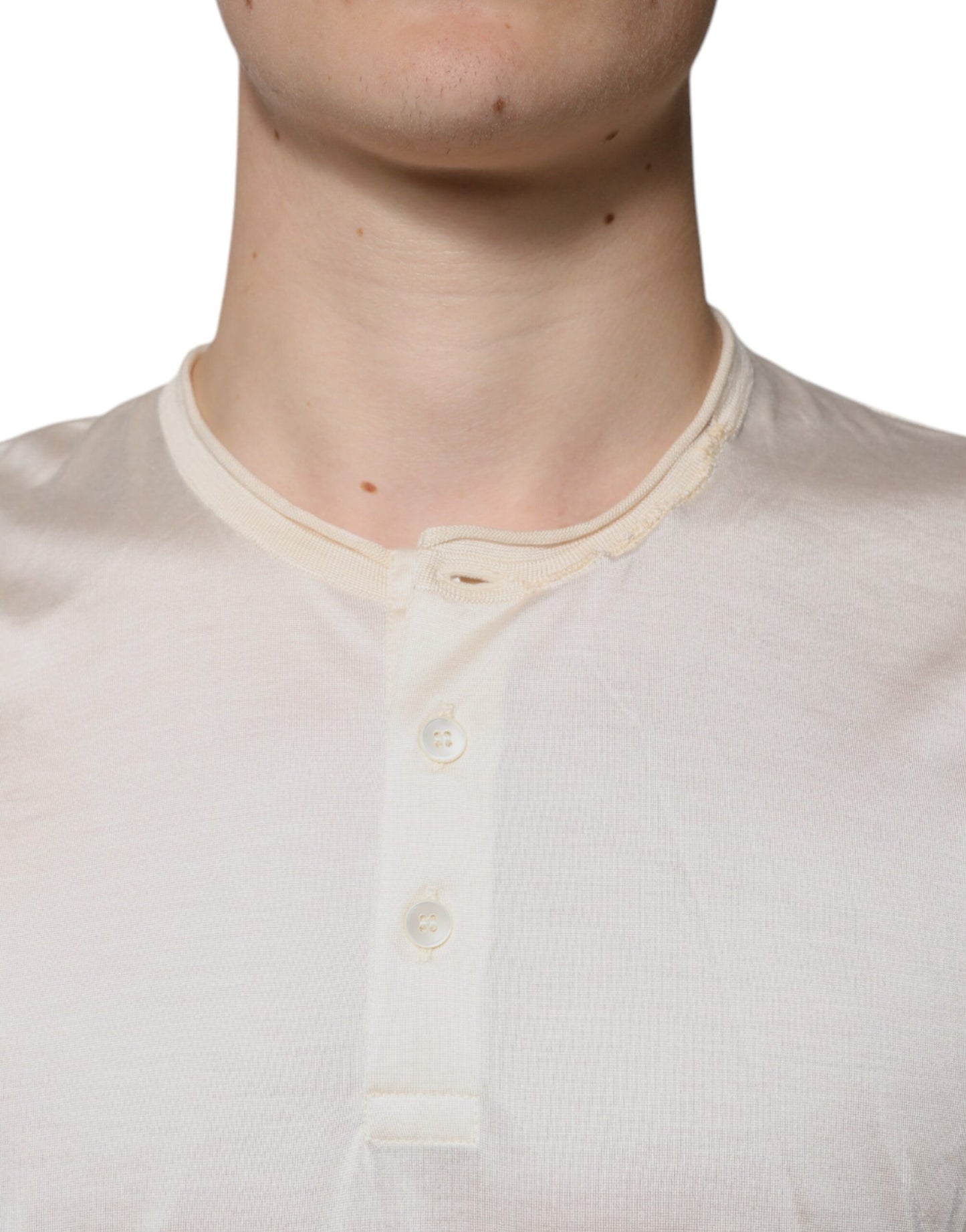 Dolce & Gabbana Off White Silke Henley T-skjorte med rund hals