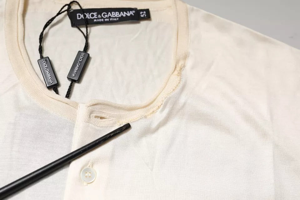 Dolce & Gabbana Off White Silke Henley T-skjorte med rund hals