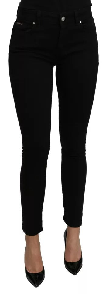 Svarte smale denim-bomullsstretchjeans med middels midje