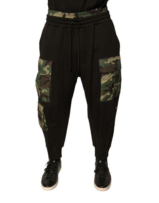 Dolce & Gabbana Svarta Kamouflage Bomull Jogger Cargo Byxor