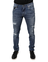 Dolce & Gabbana Blue Tattered Cotton Stretch Skinny Denim Jeans