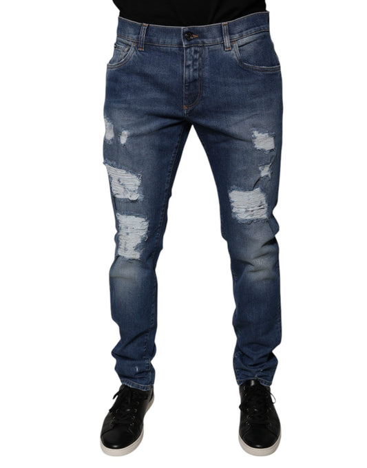 Dolce & Gabbana Blå Bomullsfileterte Skinny Denim Jeans