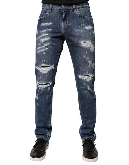 Dolce & Gabbana Blå Bomullsfileterte Skinny Denim Jeans