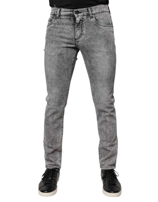Dolce & Gabbana Grå Logo Plakk Bomull Slim Fit Denim Jeans