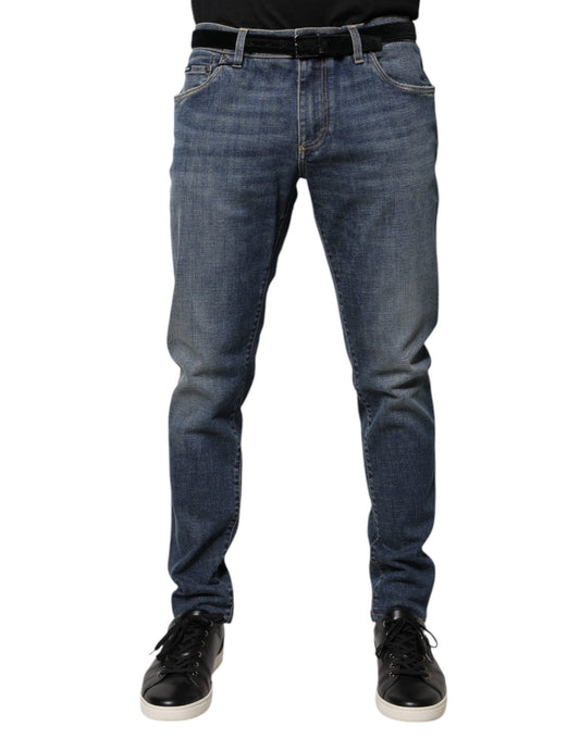 Dolce & Gabbana Blå Logo Plakk Bomull Skinny Denim Jeans