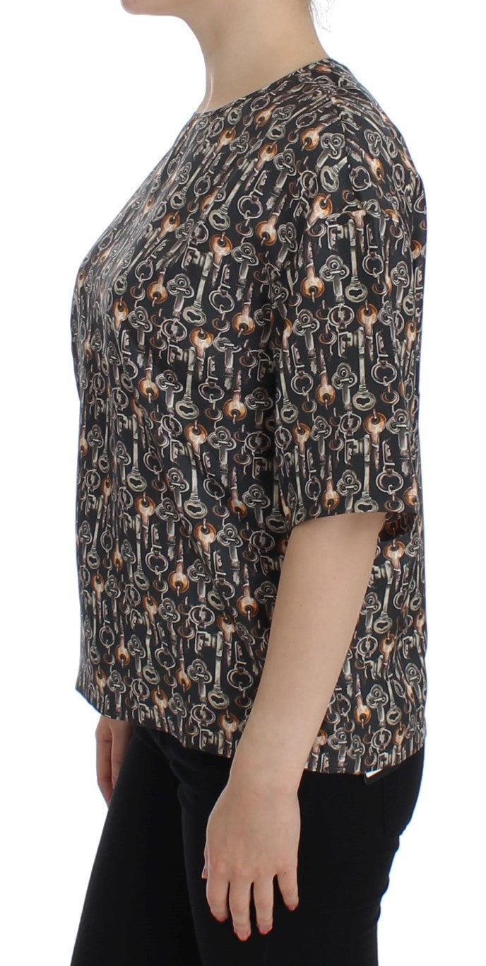 Dolce & Gabbana Grå Guldfärgad Nyckeltryck Sidenblus T-shirt