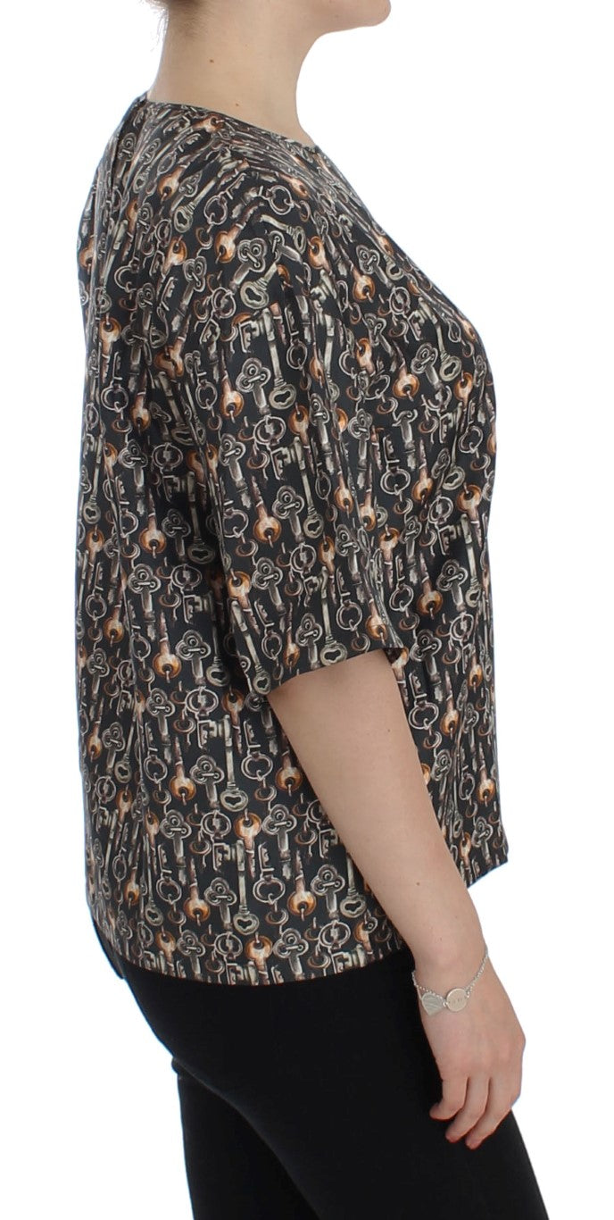 Dolce & Gabbana Grå Guldfärgad Nyckeltryck Sidenblus T-shirt